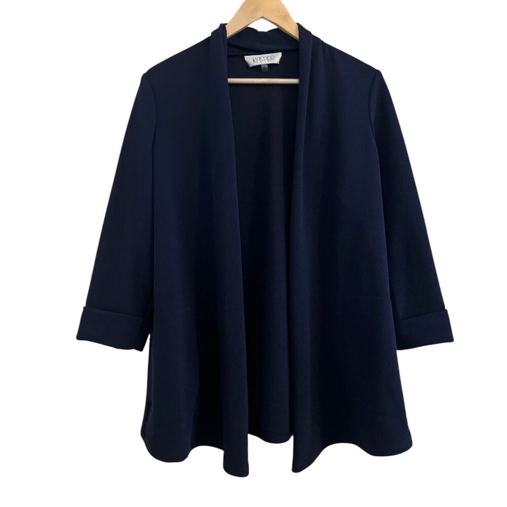 Kasper Parker Cardigan Size Medium Navy Stretch Crosshatch 3/4 Sleeves Pockets